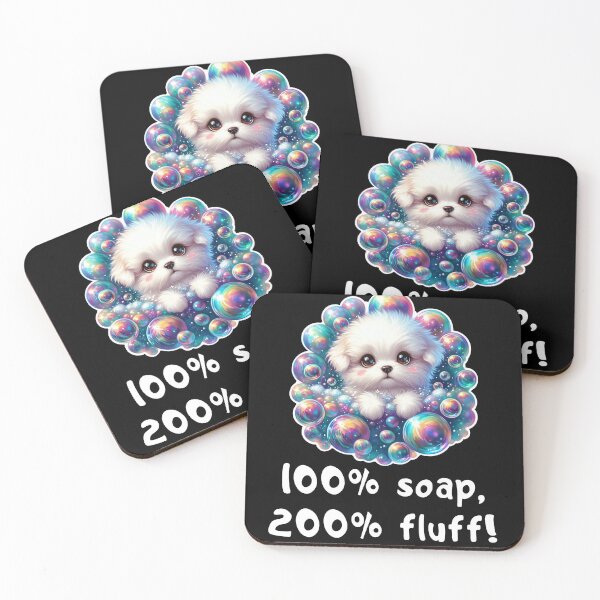 Item preview, "100% soap, 200% fluff!" Adorable fluffy puppy surrounded by magical rainbow bubbles! designed and sold by All-Of-Art.