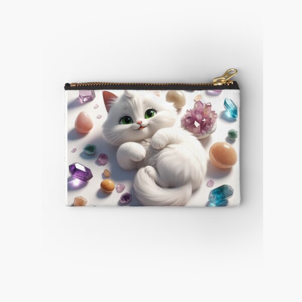 Item preview, White Fluffy Cat Surrounded by Colorful Crystals designed and sold by Ray of Light Crystals.