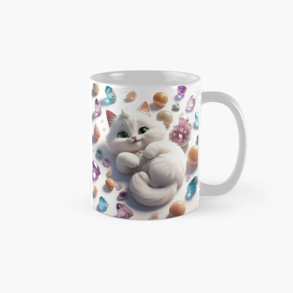 Item preview, White Fluffy Cat Surrounded by Colorful Crystals designed and sold by Ray of Light Crystals.