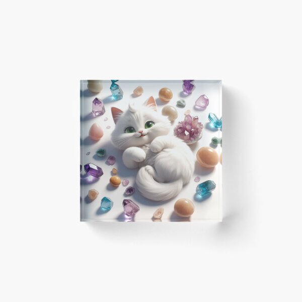 Item preview, White Fluffy Cat Surrounded by Colorful Crystals designed and sold by Ray of Light Crystals.