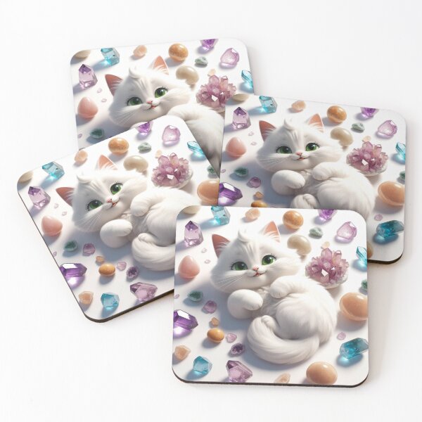 Item preview, White Fluffy Cat Surrounded by Colorful Crystals designed and sold by Ray of Light Crystals.