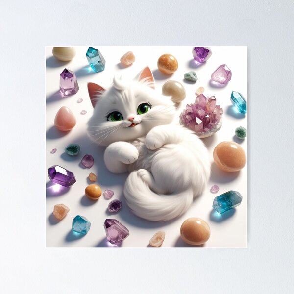 Item preview, White Fluffy Cat Surrounded by Colorful Crystals designed and sold by Ray of Light Crystals.
