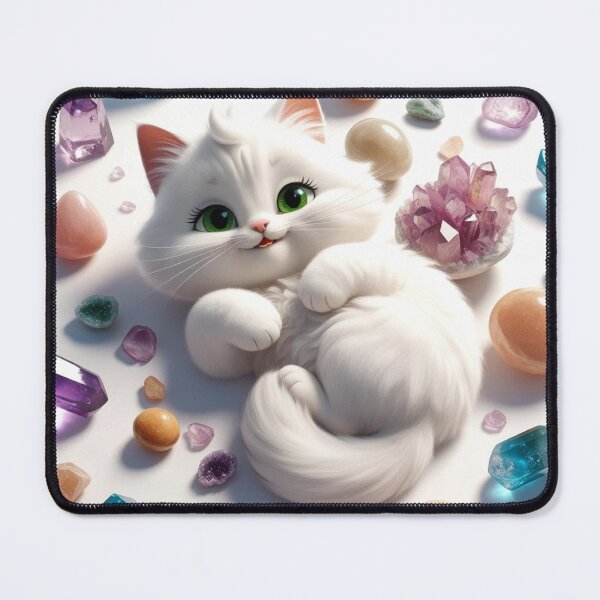Item preview, White Fluffy Cat Surrounded by Colorful Crystals designed and sold by Ray of Light Crystals.