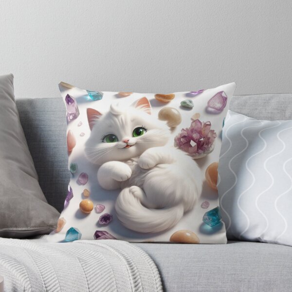 Item preview, White Fluffy Cat Surrounded by Colorful Crystals designed and sold by Ray of Light Crystals.