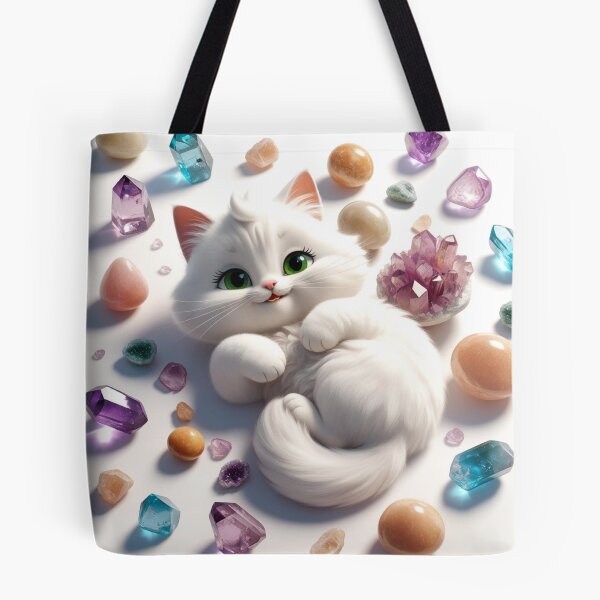 Item preview, White Fluffy Cat Surrounded by Colorful Crystals designed and sold by Ray of Light Crystals.