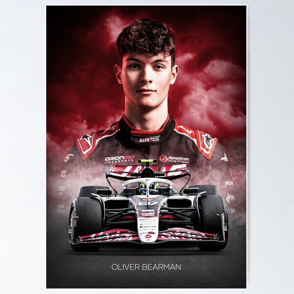Vista previa del artículo con la obra «Póster de Oliver Bearman F1 2025», diseñado y vendido por RaceCraftDesign.