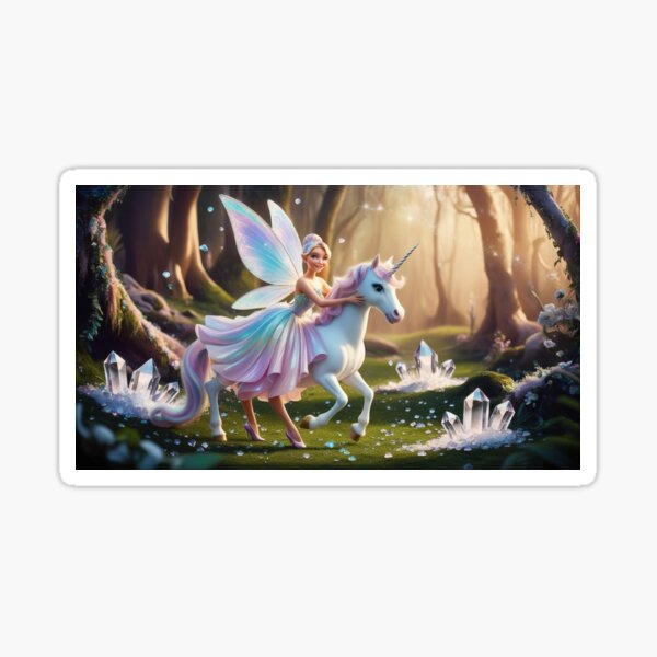 Vista previa del artículo con la obra «Hada montando un unicornio en un bosque lleno de cristales», diseñado y vendido por Ray of Light Crystals.