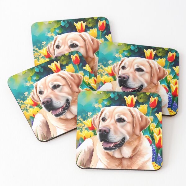 Item preview, Gorgeous watercolour  Golden Labrador and tulips in the background designed and sold by Fantacaroo Designs.