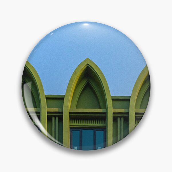 Item preview, A low-angle shot captures the facade of an olive-green building featuring three repeated Gothic arch designs, each encasing dark rectangular windows. designed and sold by BARTISTA DESIGN.