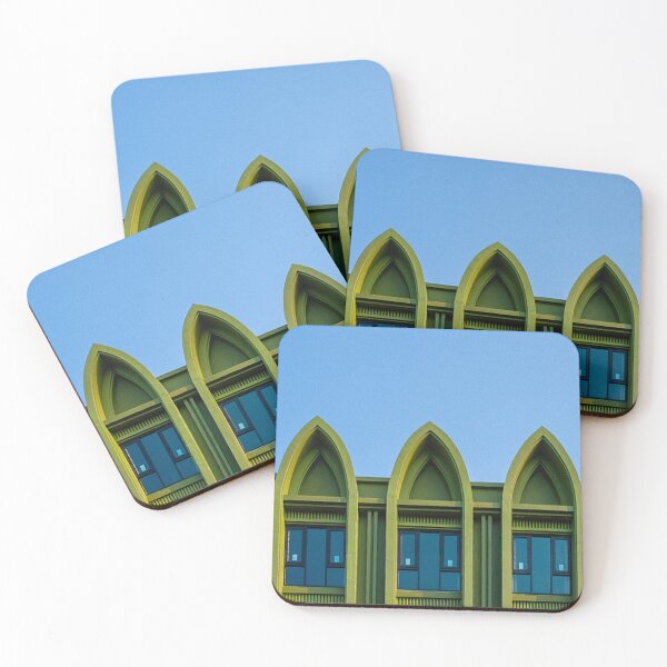 Item preview, A low-angle shot captures the facade of an olive-green building featuring three repeated Gothic arch designs, each encasing dark rectangular windows. designed and sold by BARTISTA DESIGN.