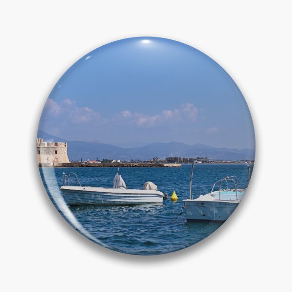 Item preview, Small fishing boats and Bourtzi fortress in Nafplio, Peloponnese, Greece,summertime designed and sold by goceris.