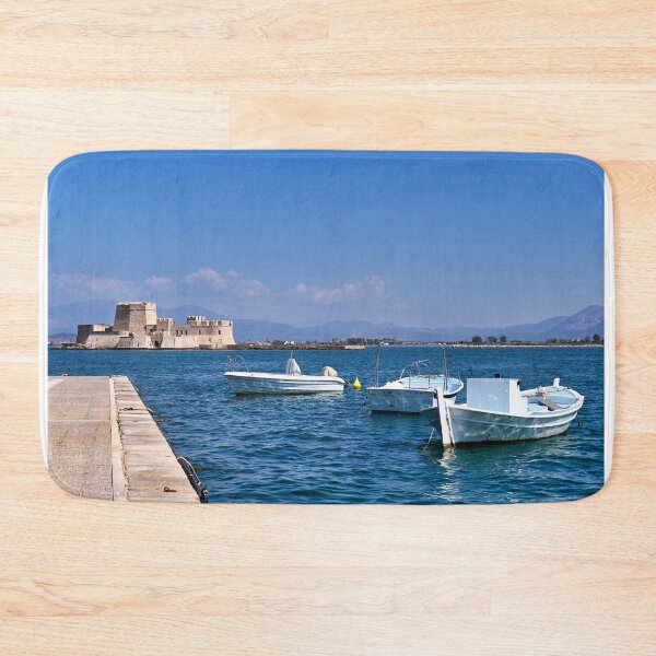 Item preview, Small fishing boats and Bourtzi fortress in Nafplio, Peloponnese, Greece,summertime designed and sold by goceris.