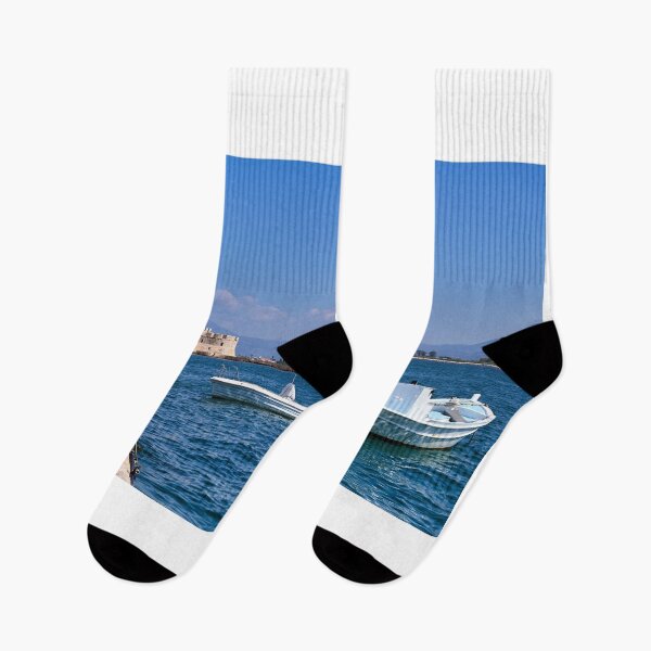 Item preview, Small fishing boats and Bourtzi fortress in Nafplio, Peloponnese, Greece,summertime designed and sold by goceris.