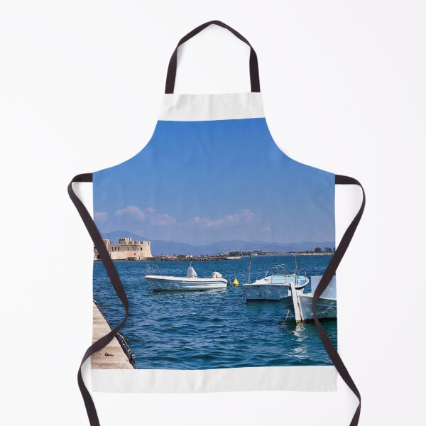 Item preview, Small fishing boats and Bourtzi fortress in Nafplio, Peloponnese, Greece,summertime designed and sold by goceris.