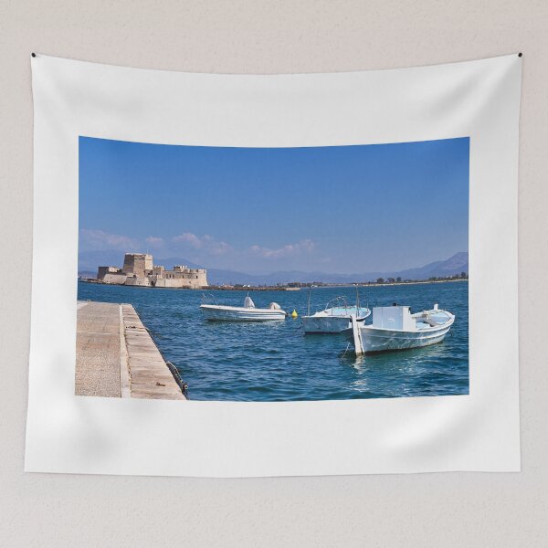 Item preview, Small fishing boats and Bourtzi fortress in Nafplio, Peloponnese, Greece,summertime designed and sold by goceris.