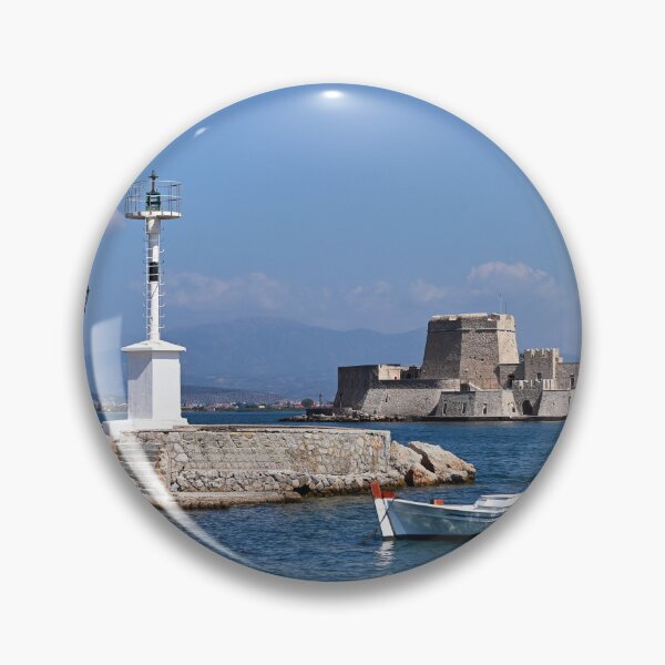Item preview, Small fishing boat and Bourtzi fortress in Nafplio, Peloponnese, Greece,summertime designed and sold by goceris.