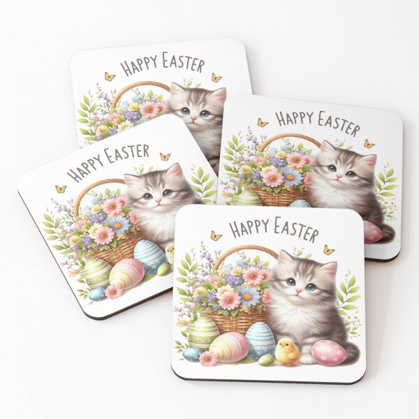 Item preview, Happy Easter, lovely sweet Easter kitty with Easter eggs and spring flowers. designed and sold by nicnacc.