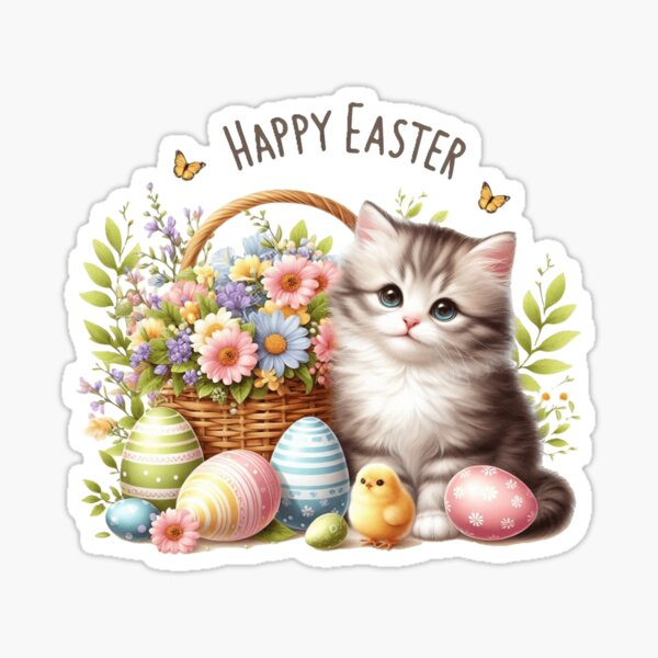 Item preview, Happy Easter, lovely sweet Easter kitty with Easter eggs and spring flowers. designed and sold by nicnacc.