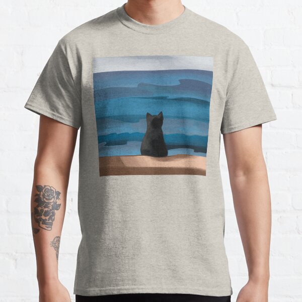 Item preview, cat looking out at sea, water, sand, cozy chill designed and sold by enipop.
