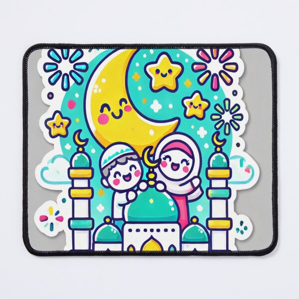 Item preview, Cute Eid Mubarak Cartoon | Smiling Moon, Mosque & Fireworks | Festive Islamic Design designed and sold by AkilaCreations .