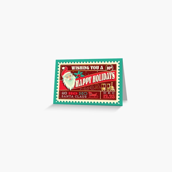 Item preview, Happy Holiday Santa North Pole Greeting Typography stamp design with toy train and sleigh designed and sold by Jdawnink.