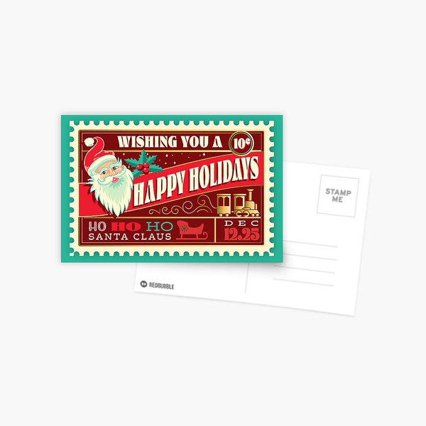 Item preview, Happy Holiday Santa North Pole Greeting Typography stamp design with toy train and sleigh designed and sold by Jdawnink.