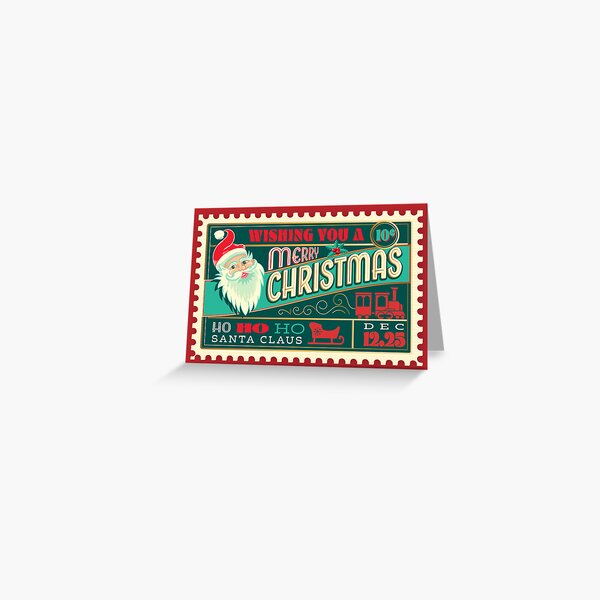 Item preview, Wishing You A Merry Christmas Santa North Pole Greeting Typography stamp design with toy train and sleigh designed and sold by Jdawnink.