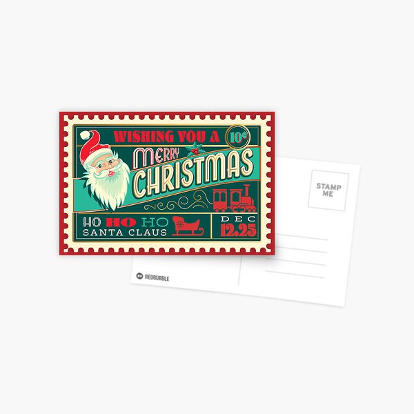 Item preview, Wishing You A Merry Christmas Santa North Pole Greeting Typography stamp design with toy train and sleigh designed and sold by Jdawnink.