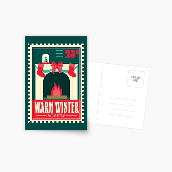 Item preview, Warm Winter Wishes Fireplace with Christmas Decorations Greeting Typography stamp design designed and sold by Jdawnink.