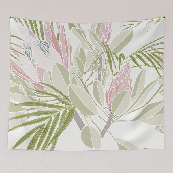 Item preview, Tropical flowers background. Banksia, protea, palm leaves, line illustration. designed and sold by MatyKotiv.
