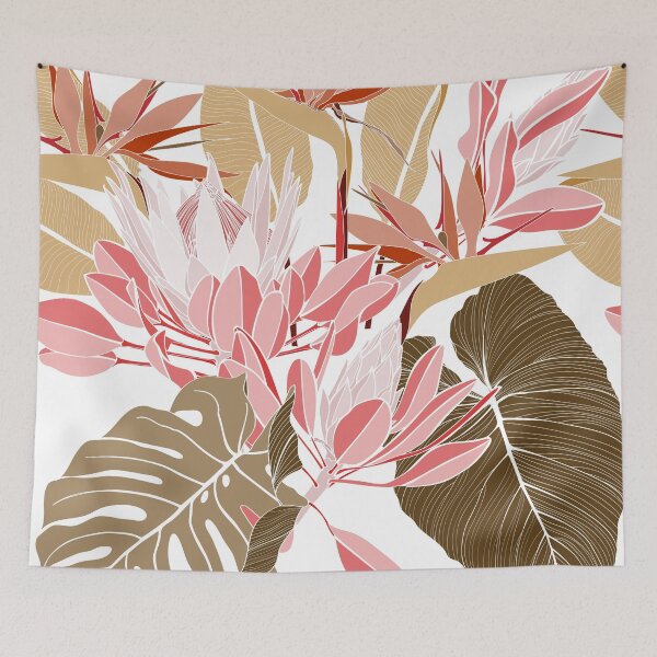 Item preview, Tropical flowers background. Banksia, protea, strelitzia and leaves line illustration. designed and sold by MatyKotiv.
