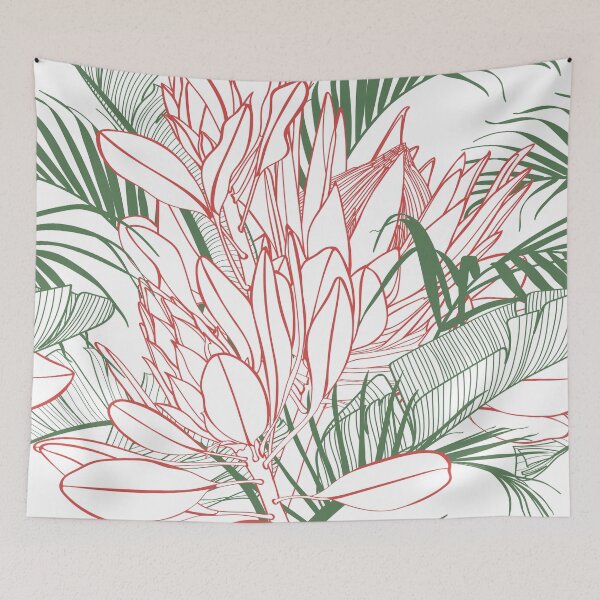 Item preview, Tropical flowers background. Banksia, protea, palm leaves, line illustration. designed and sold by MatyKotiv.