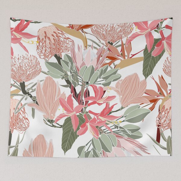 Item preview, Tropical flowers background. Banksia, protea, strelitzia and leaves line illustration. designed and sold by MatyKotiv.