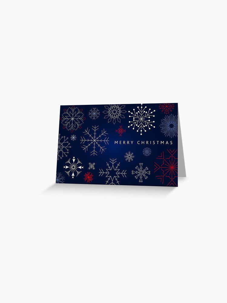 Thumbnail 1 of 2, Greeting Card, Merry Christmas Greeting dark blue, white and red abstract snowflakes designed and sold by Jdawnink.
