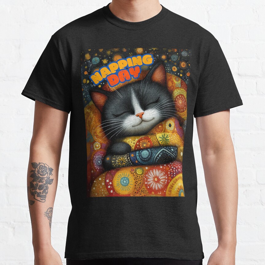 Cozy Cat Nap: Napping Day Under Colorful Blankets Classic T-Shirt Mavenshirts Teecanvas Decanow Casualteetrends Urbanchicdecor Shopmytshirts Hoodiegenz Boldteetrend Aurashoes Sportshirts Evertrendshirts Outfitessentials 4Fansport