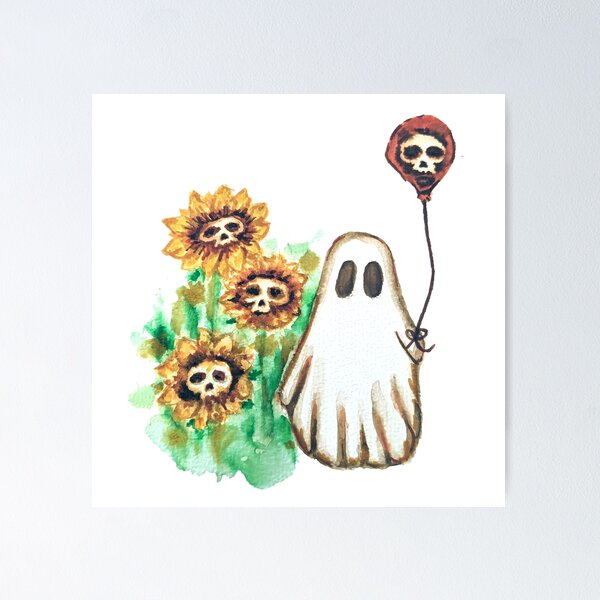 Item preview, cute ghost with ballon and flowers designed and sold by Spiderandfly.