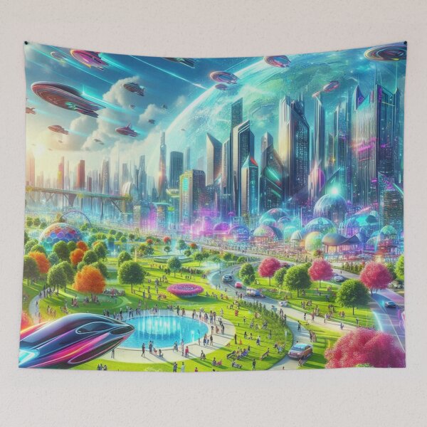 Item preview, Futuristic cityscape with spaceships designed and sold by Sigtrix.