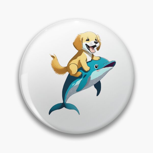 Item preview, happy golden retriever puppy dog riding a cute blue dolphin cartoon designed and sold by planetgolden.
