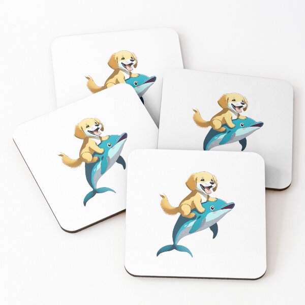 Item preview, happy golden retriever puppy dog riding a cute blue dolphin cartoon designed and sold by planetgolden.