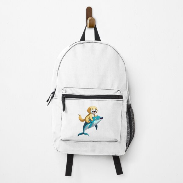 Item preview, happy golden retriever puppy dog riding a cute blue dolphin cartoon designed and sold by planetgolden.