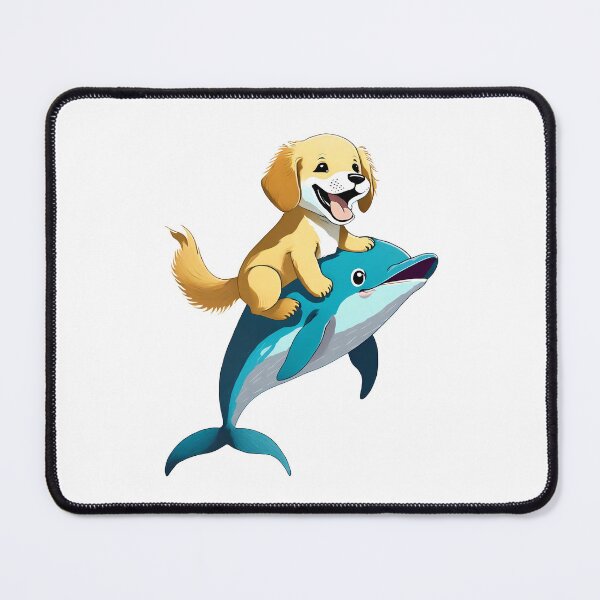 Item preview, happy golden retriever puppy dog riding a cute blue dolphin cartoon designed and sold by planetgolden.