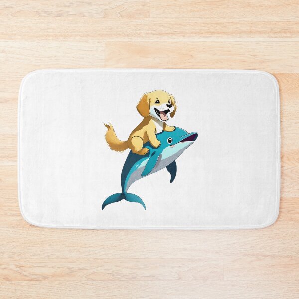 Item preview, happy golden retriever puppy dog riding a cute blue dolphin cartoon designed and sold by planetgolden.