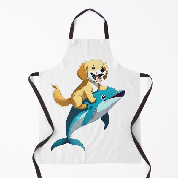 Item preview, happy golden retriever puppy dog riding a cute blue dolphin cartoon designed and sold by planetgolden.