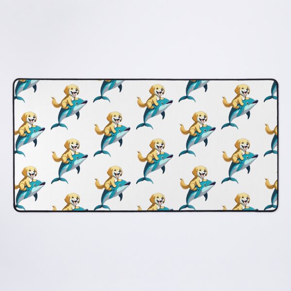 Item preview, happy golden retriever puppy dog riding a cute blue dolphin cartoon designed and sold by planetgolden.