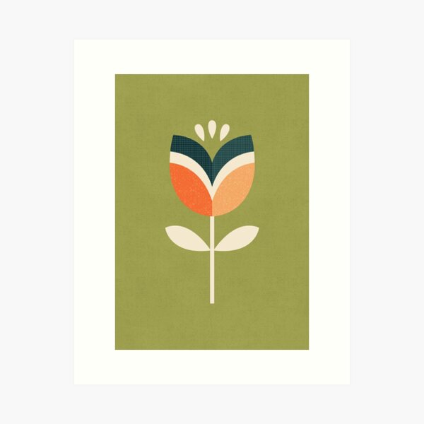 Retro Tulip - Orange and Olive Green Art Print