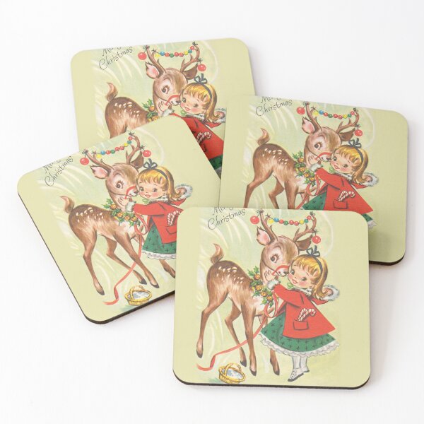 Item preview, A cute vintage Christmas Card illustration featuring a Reindeer and a girl designed and sold by Vintage Designs +.