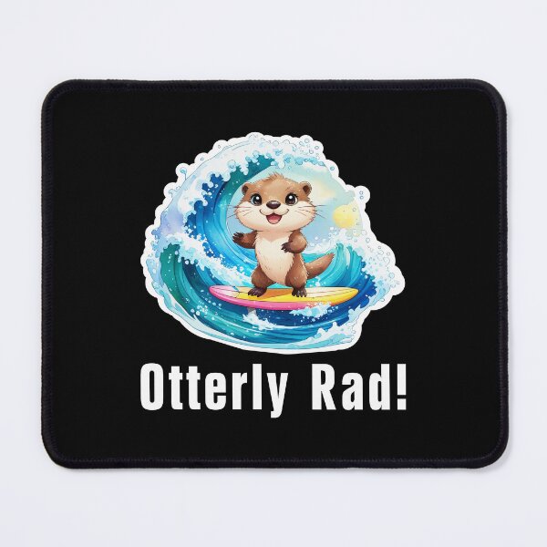 Item preview, "Otterly Rad!" Ultra-cute fluffy otter surfing glowing turquoise waves in detailed cartoon style. designed and sold by All-Of-Art.