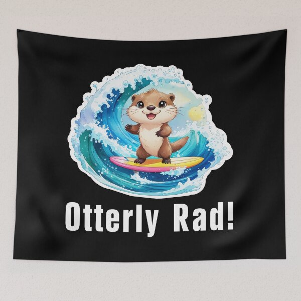 Item preview, "Otterly Rad!" Ultra-cute fluffy otter  surfing glowing turquoise waves in detailed cartoon style. designed and sold by All-Of-Art.