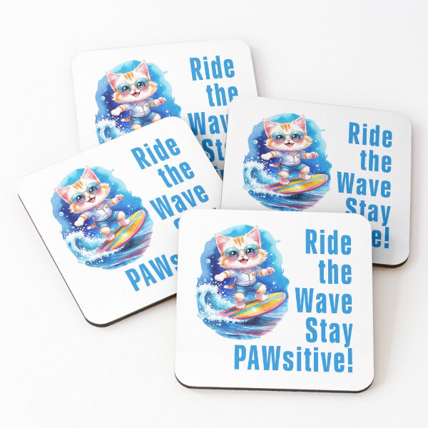 Item preview, Ride the Wave, Stay Pawsitive! An adorable fluffy kitten in a colorful summer outfit is surfing on turquoise waves, surrounded by shining magic bubbles designed and sold by All-Of-Art.