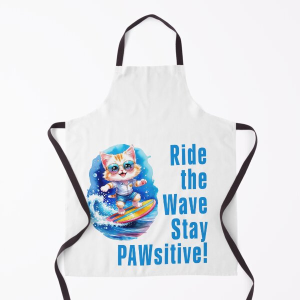 Item preview, Ride the Wave, Stay Pawsitive! An adorable fluffy kitten in a colorful summer outfit is surfing on turquoise waves, surrounded by shining magic bubbles designed and sold by All-Of-Art.